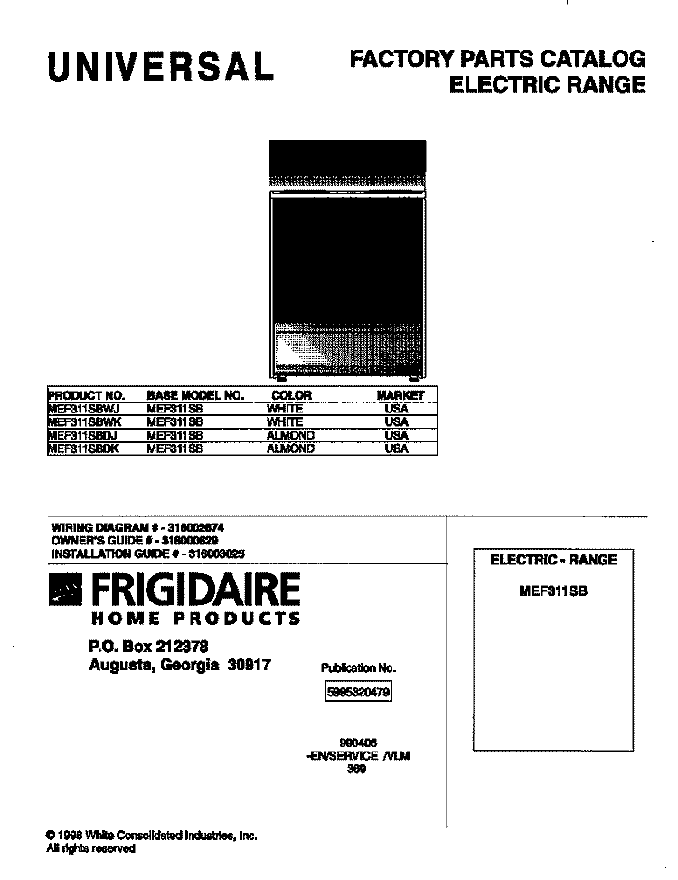 COVER Diagram and Parts List for MEF311SBDJ  Frigidaire Range