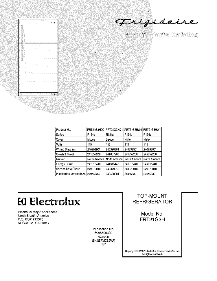 COVER Diagram and Parts List for FRT21G3HQ0  Frigidaire Refrigerator