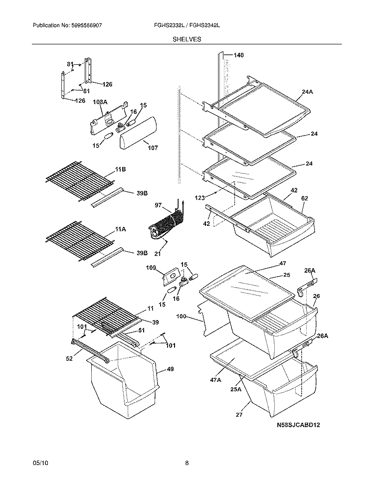SHELVES Diagram and Parts List for FGHS2332LE0  Frigidaire Refrigerator