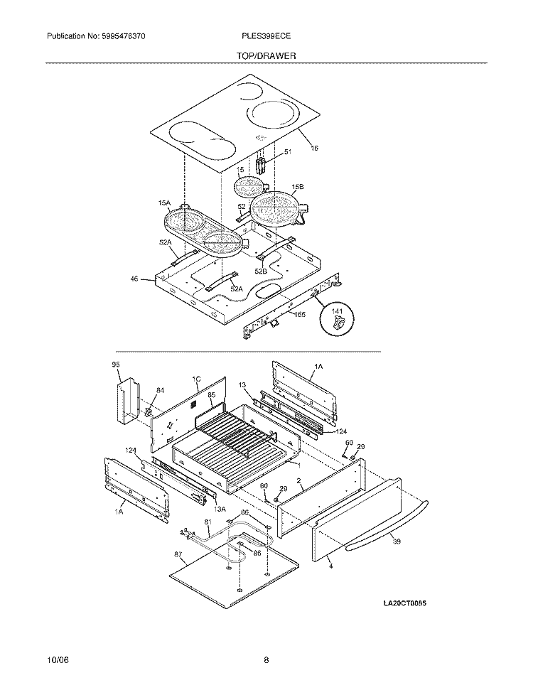 TOP / DRAWER Diagram and Parts List for PLES399ECE  Frigidaire Range