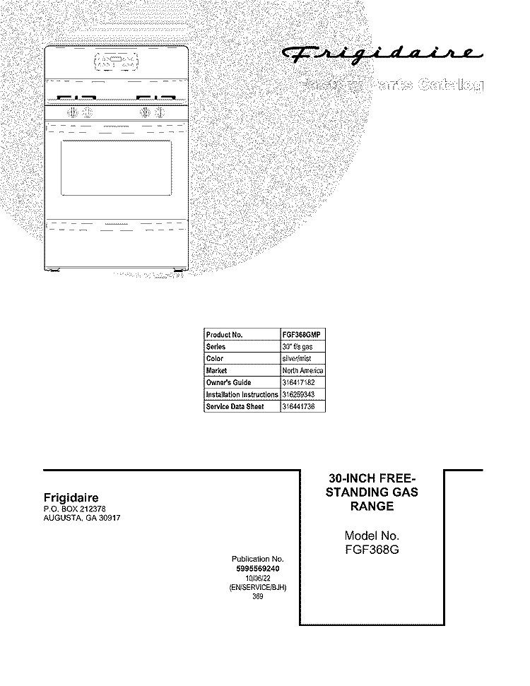 COVER Diagram and Parts List for FGF368GMP  Frigidaire Range
