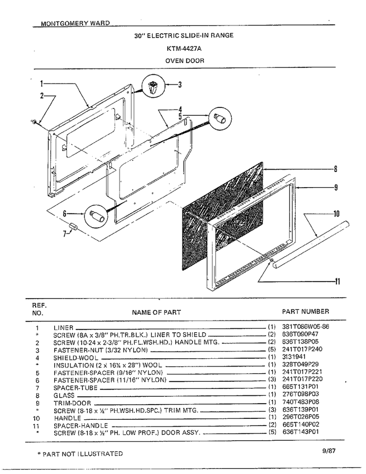 Oven Door Diagram and Parts List for 4427A  Frigidaire Range
