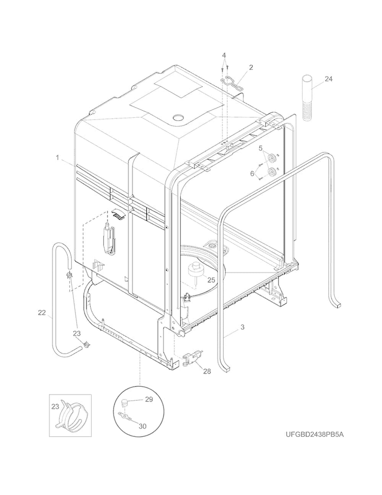 Tub Diagram and Parts List for FGBD2438PB5A  Frigidaire Dishwasher