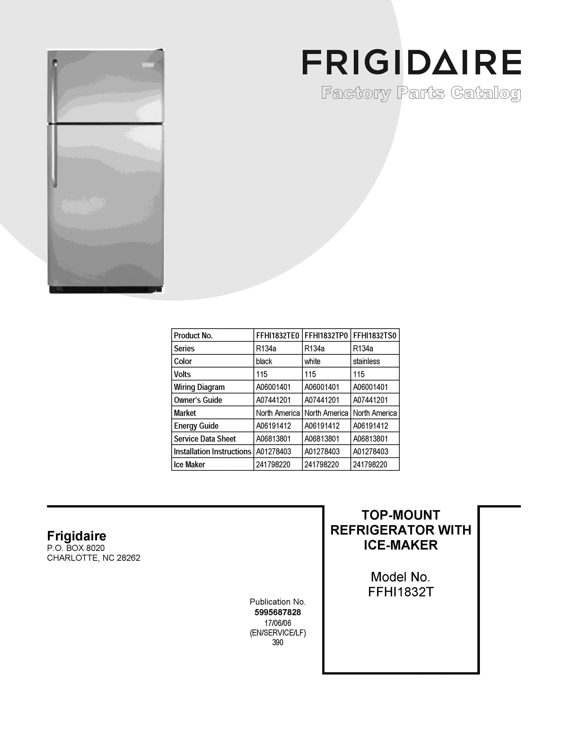 01 - COVER SHEET Diagram and Parts List for FFHI1832TE0  Frigidaire Refrigerator