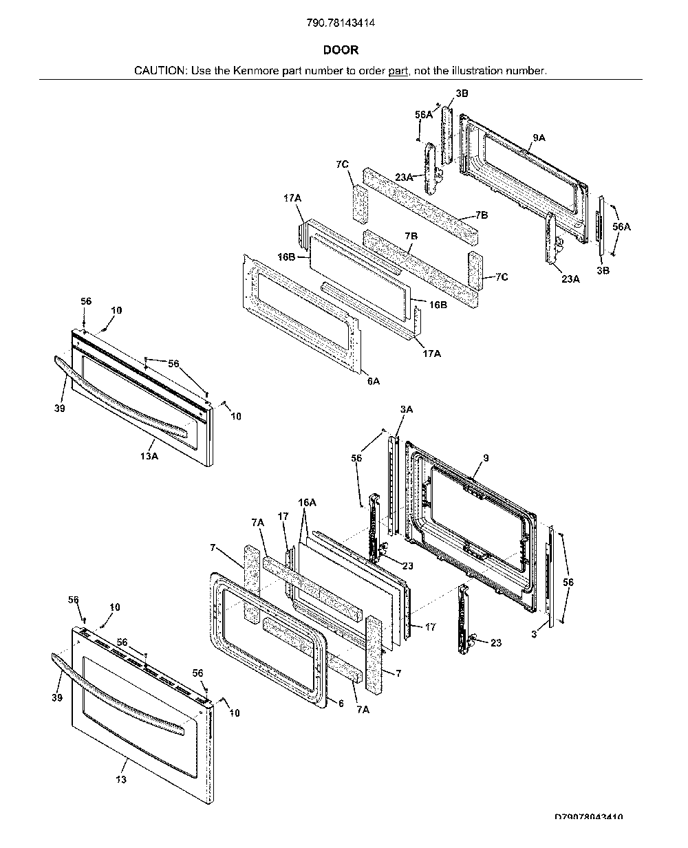 Door Diagram and Parts List for 79078143414  Kenmore Range