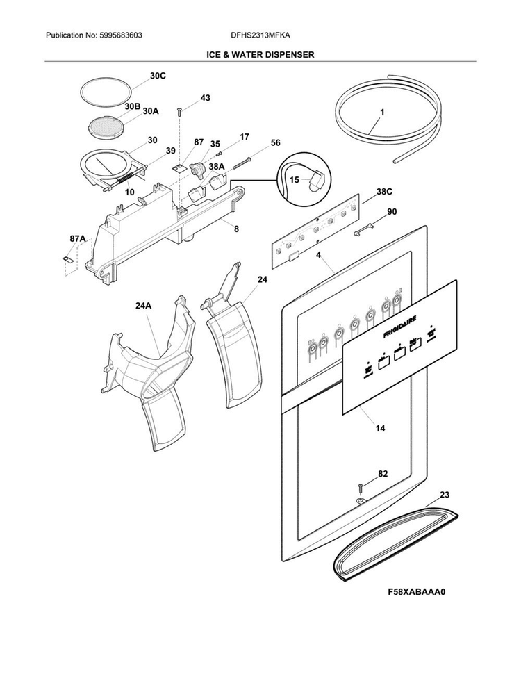 Ice & Water Dispenser Diagram and Parts List for DFHS2313MFKA  Frigidaire Refrigerator