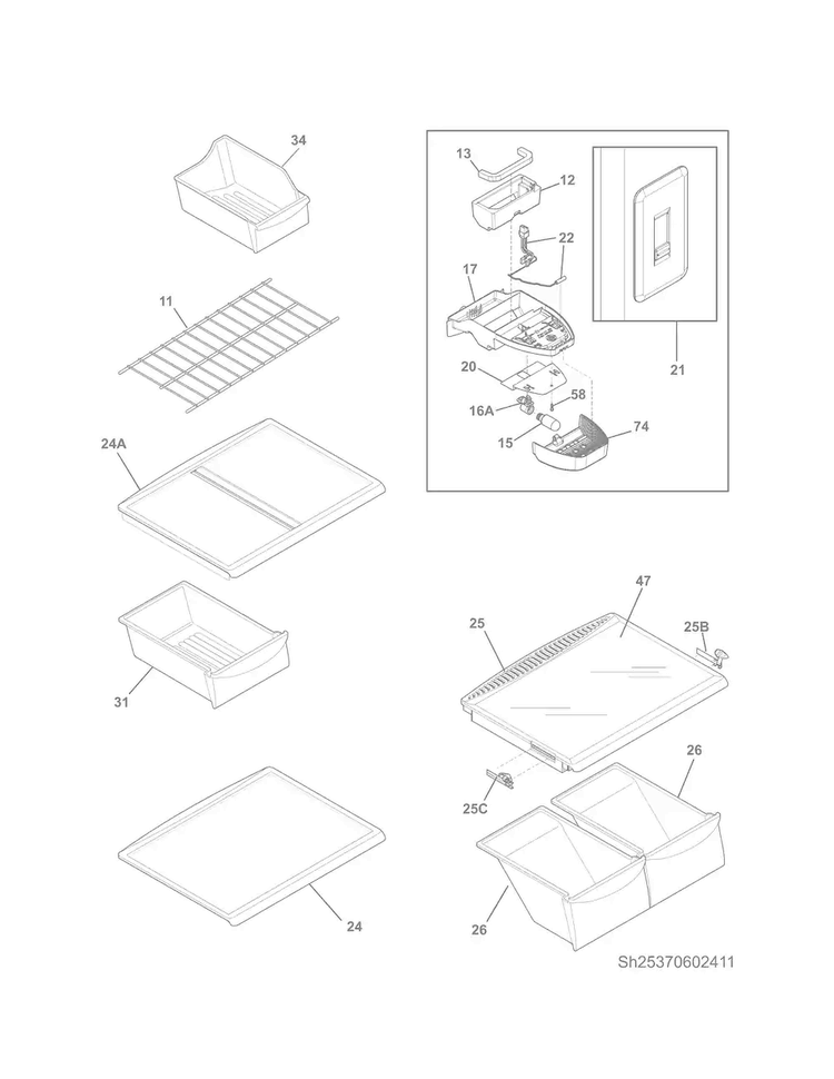 Shelves Diagram and Parts List for 25370603413  Kenmore Refrigerator