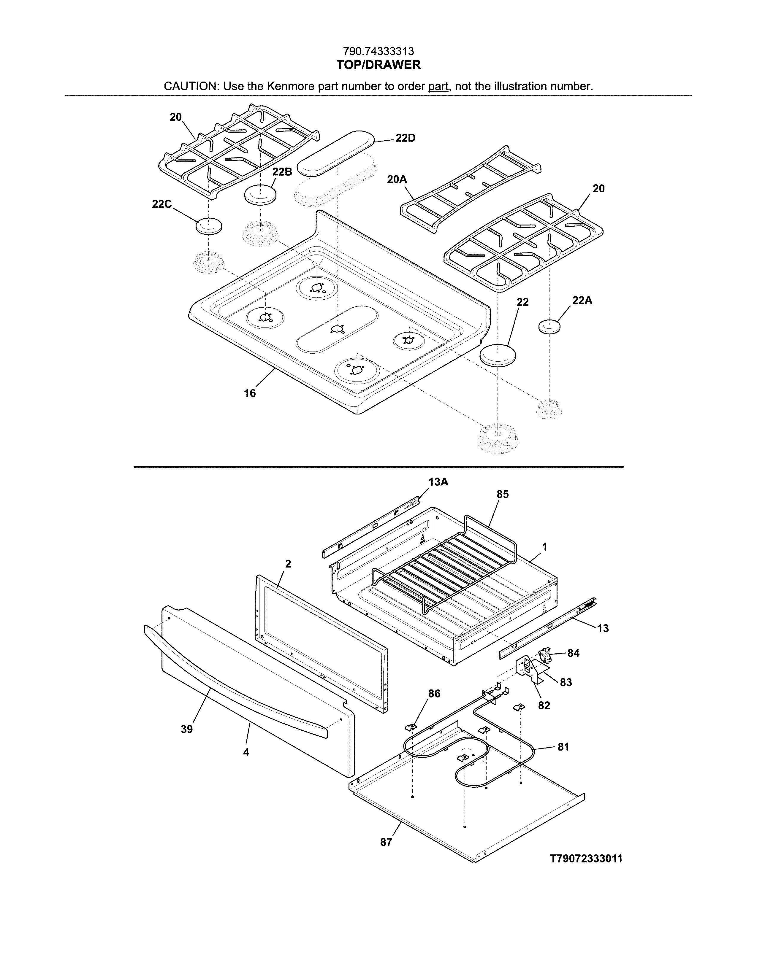 Top Drawer Diagram and Parts List for 79074333313  Kenmore Range