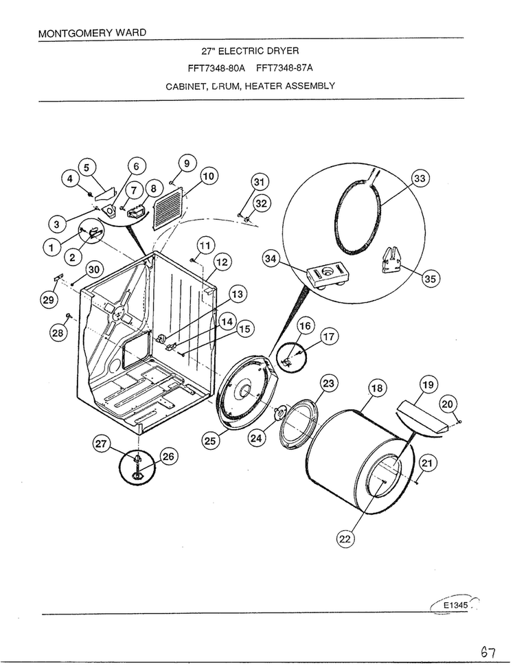 Cabinet, Drum, Heater Assembly Diagram and Parts List for 7348A  Frigidaire Dryer