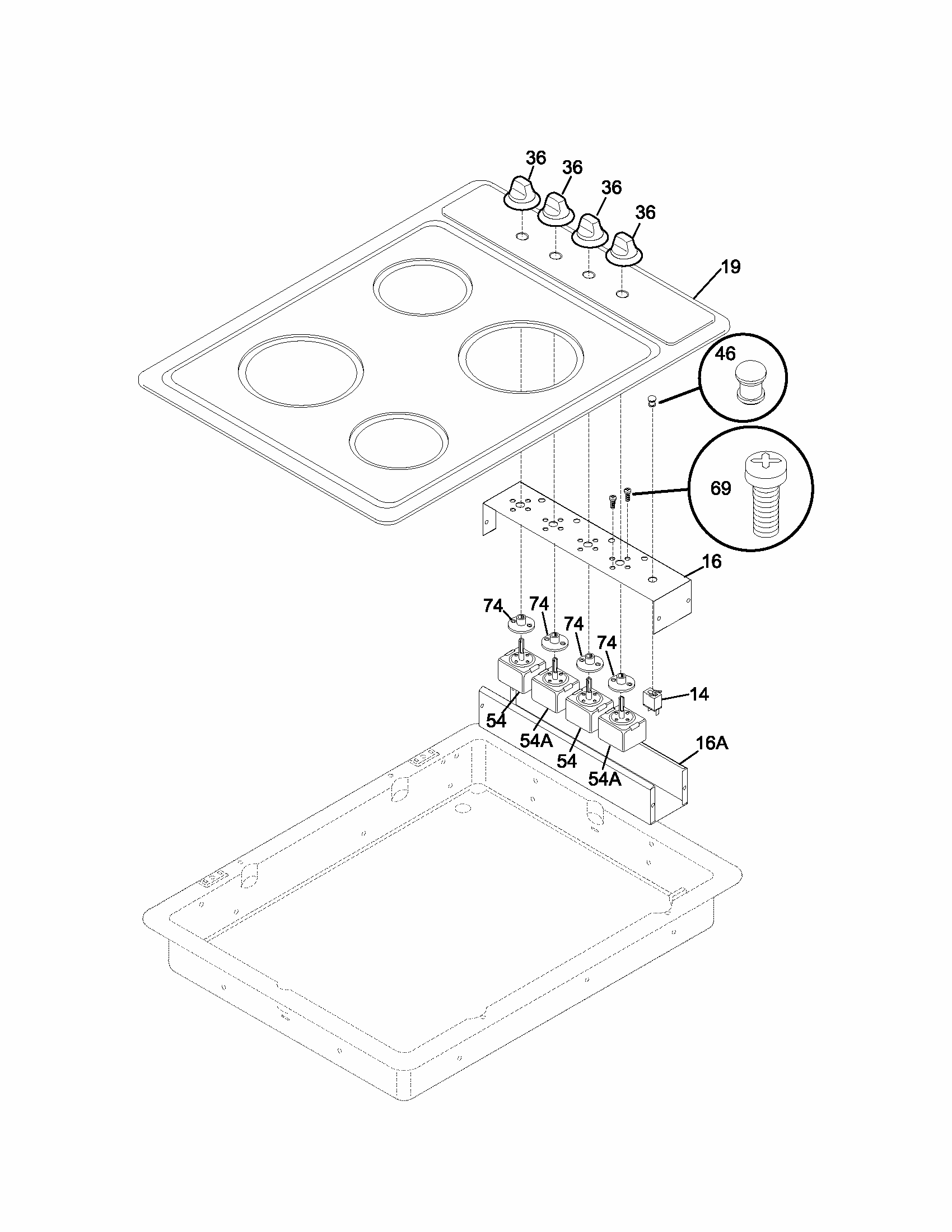 Controls Diagram and Parts List for 79042499401  Kenmore Cooktop