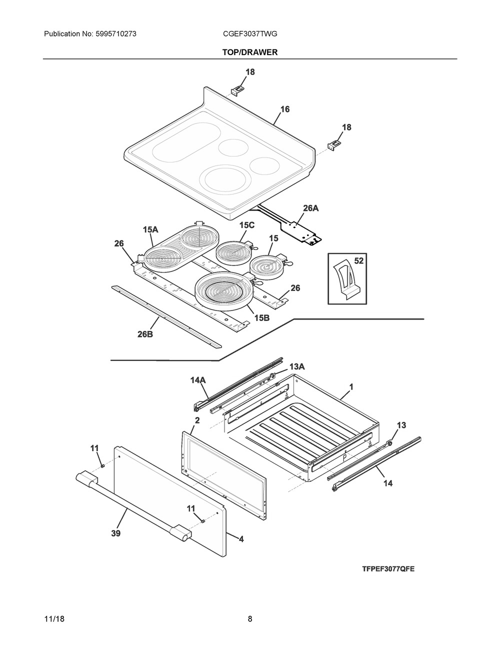 Top/drawer Diagram and Parts List for CGEF3037TWG  Frigidaire Range