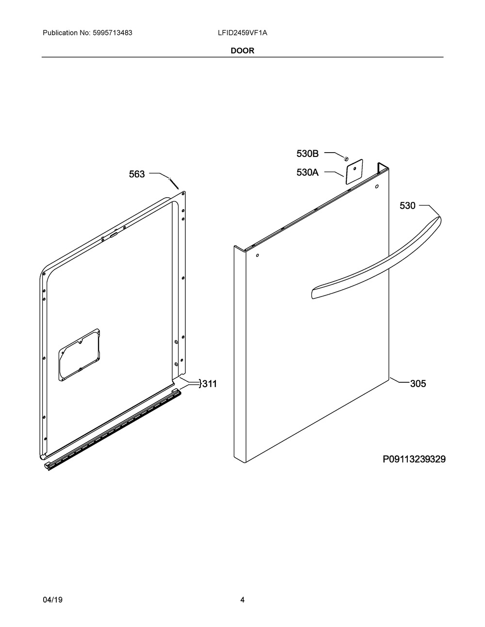 Door Diagram and Parts List for LFID2459VF1A  Frigidaire Dishwasher