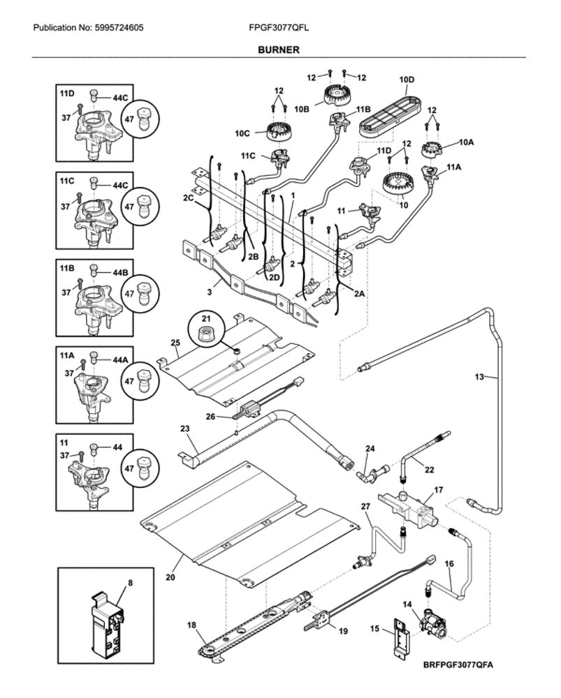 Burner Diagram and Parts List for FPGF3077QFL  Frigidaire Range