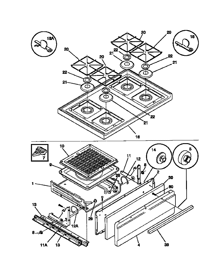 TOP / DRAWER Diagram and Parts List for 30-3053-00-03  Tappan Range