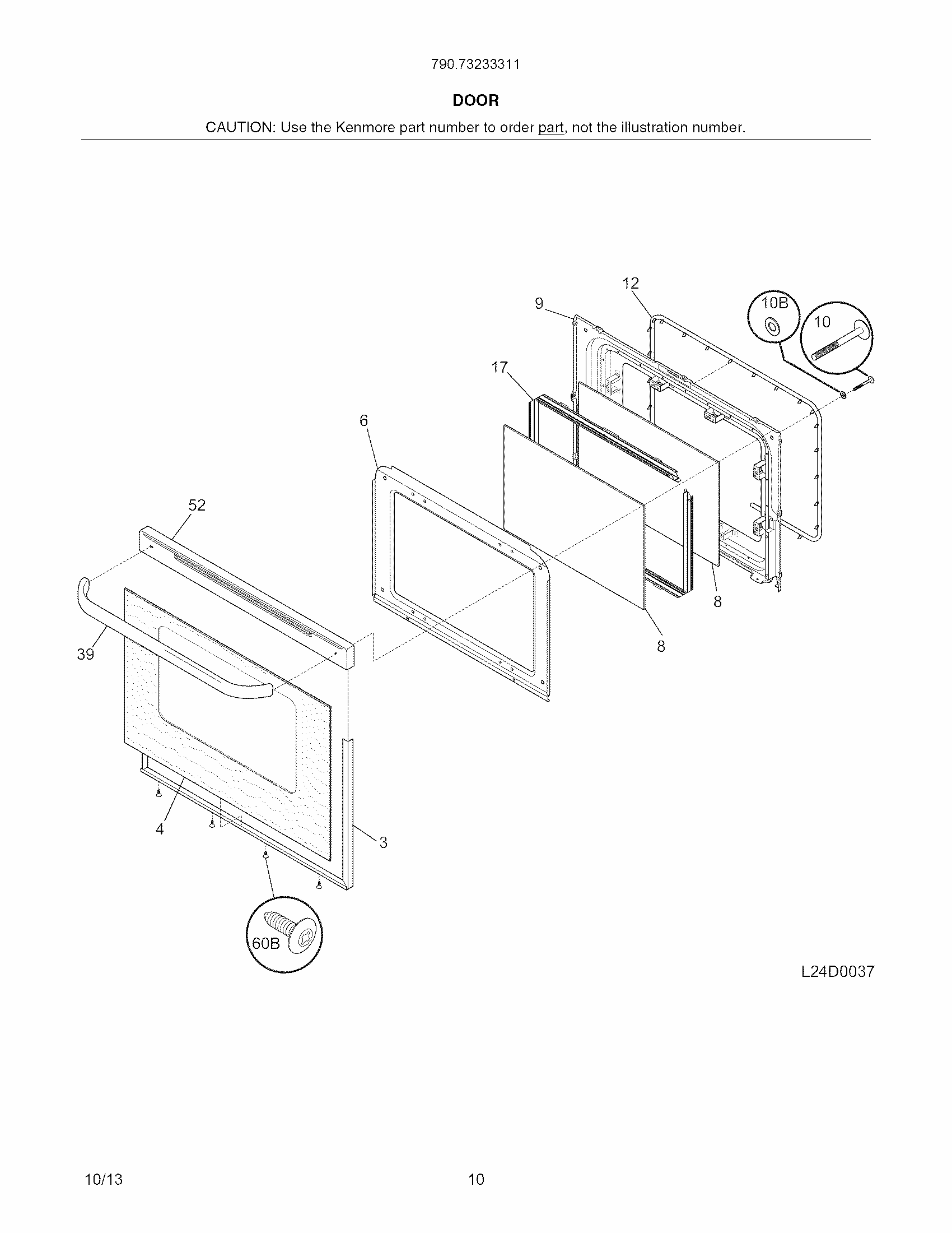 Door Diagram and Parts List for 79073233311  Kenmore Range