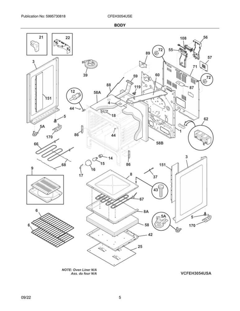 Body Diagram and Parts List for CFEH3054USE  Frigidaire Range