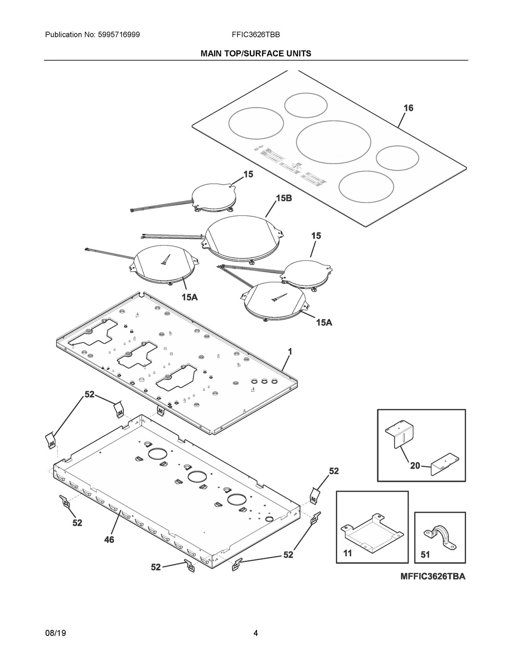 Main Top/surface Units Diagram and Parts List for FFIC3626TBB  Frigidaire Cooktop