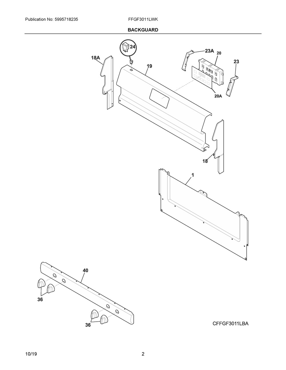 Backguard Diagram and Parts List for FFGF3011LWK  Frigidaire Range