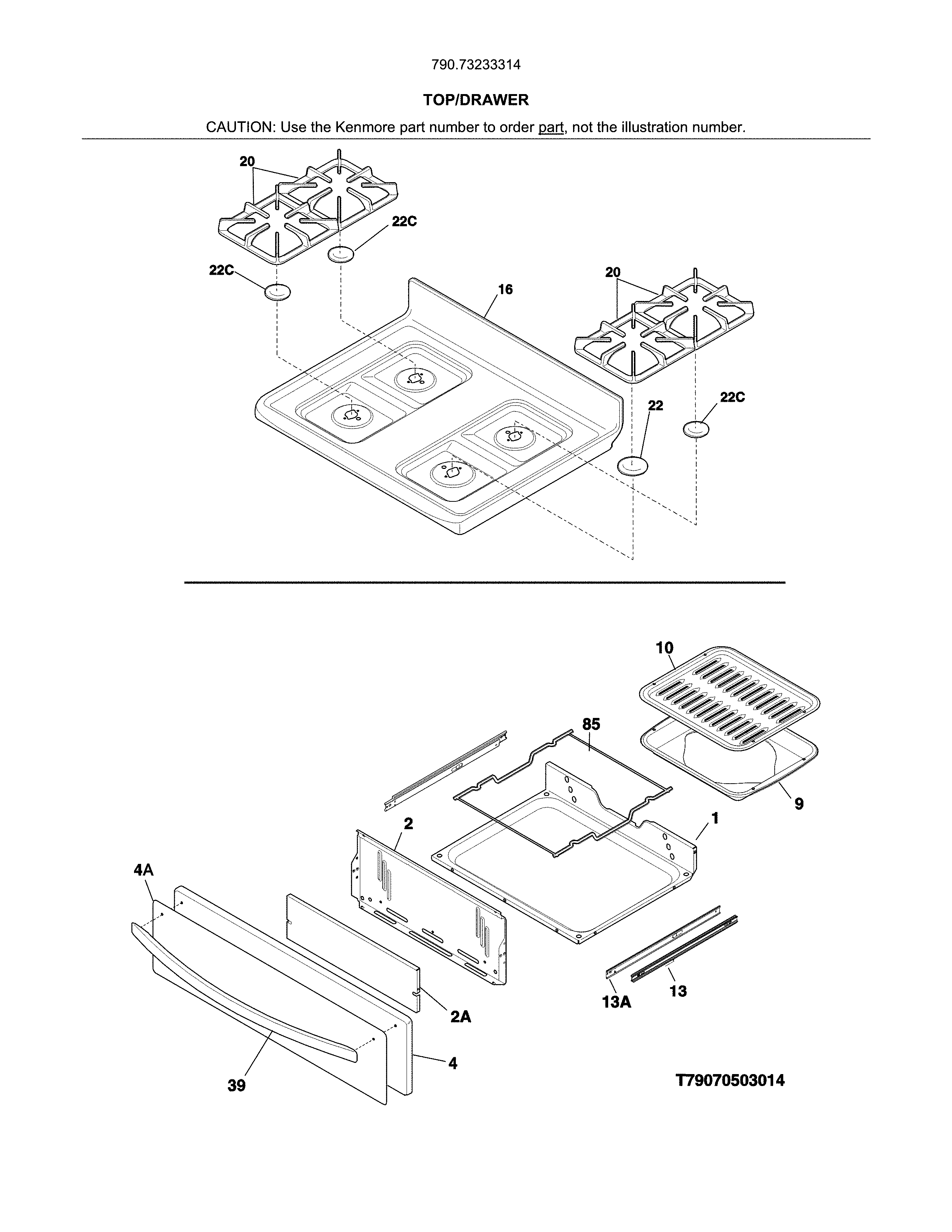 Top/drawer Diagram and Parts List for 79073233314  Kenmore Range