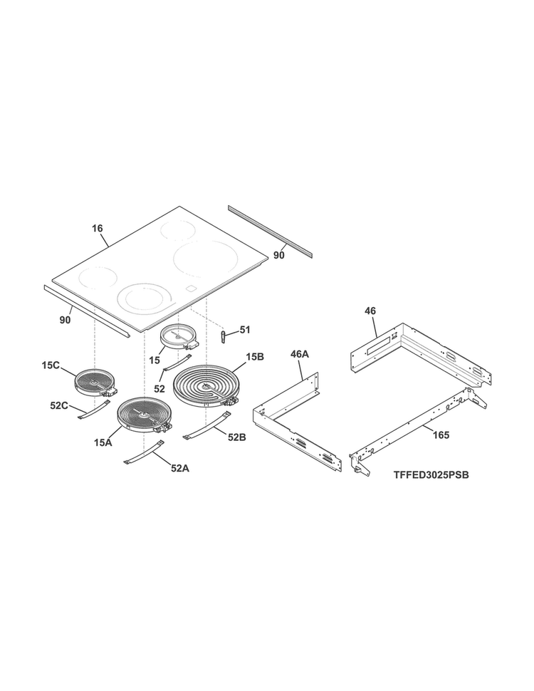 Main Top Diagram and Parts List for FFED3025PSE  Frigidaire Range