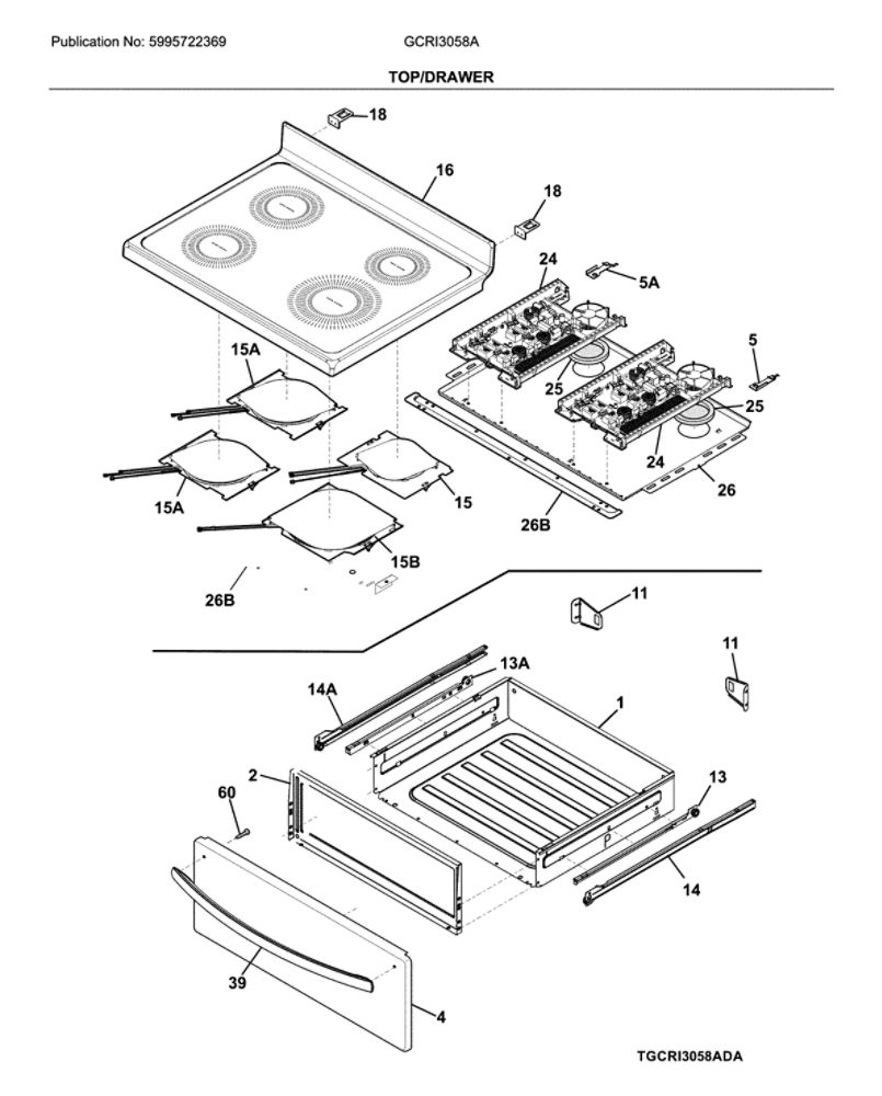 Top/Drawer Diagram and Parts List for GCRI3058ADB  Frigidaire Range