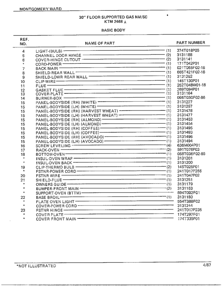 30" Floor/basic Body Page 2 Diagram and Parts List for 2468A  Frigidaire Range