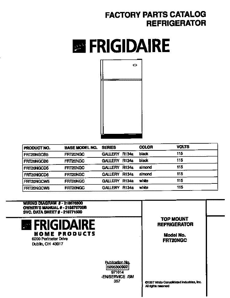 COVER Diagram and Parts List for FRT20NGCD5  Frigidaire Refrigerator