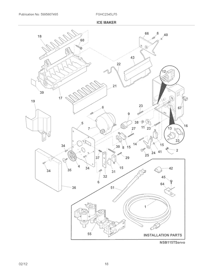 Ice Maker Diagram and Parts List for FGHC2345LF5  Frigidaire Refrigerator