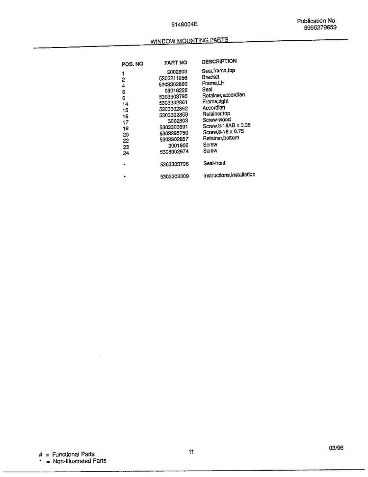 Window Mounting Parts Page 2 Diagram and Parts List for 5148004E  Frigidaire Air Conditioner