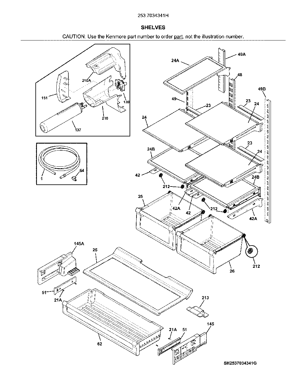 Shelves Diagram and Parts List for 2537034341H  Kenmore Refrigerator