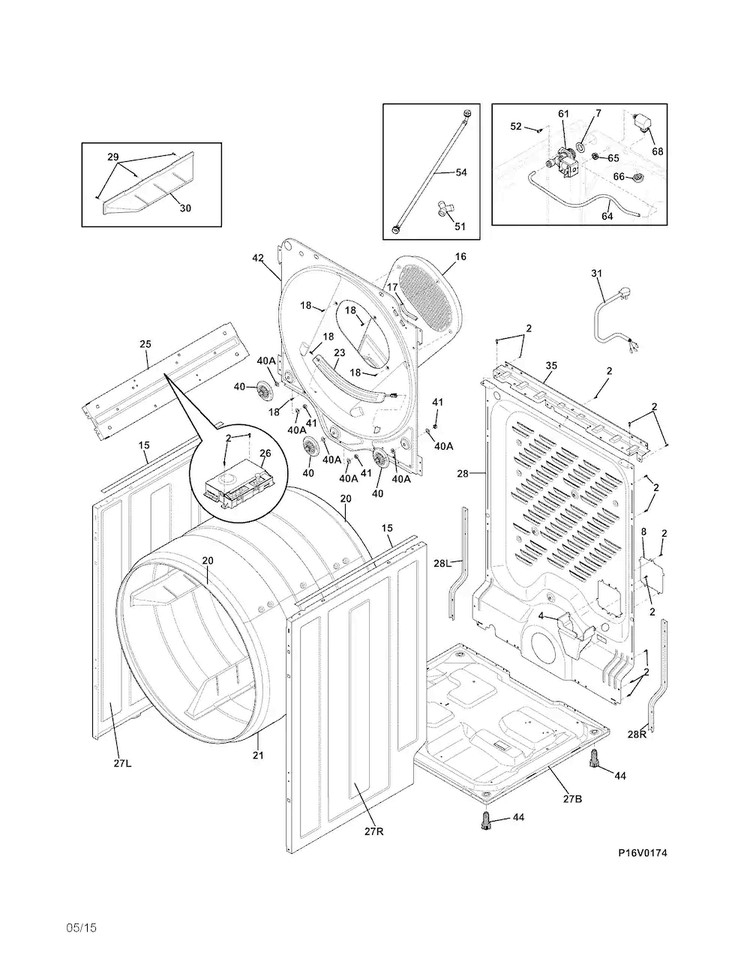 Cabinet/drum Diagram and Parts List for EWMED70JSS4  Electrolux Dryer