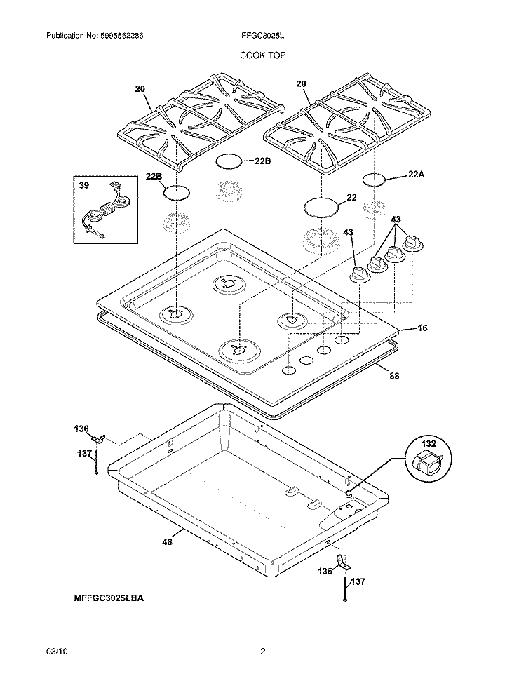 MAINTOP Diagram and Parts List for FFGC3025LWA  Frigidaire Cooktop