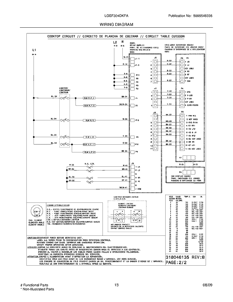 WIRING DIAGRAM Diagram and Parts List for LGEF304DKFA  Frigidaire Range