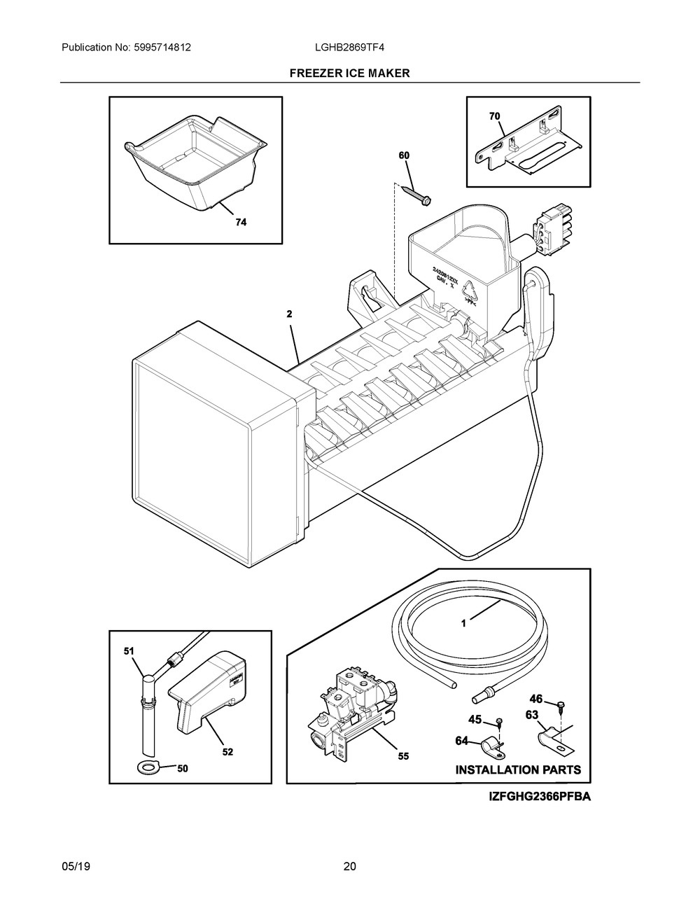 Freezer Ice Maker Diagram and Parts List for LGHB2869TF4  Frigidaire Refrigerator