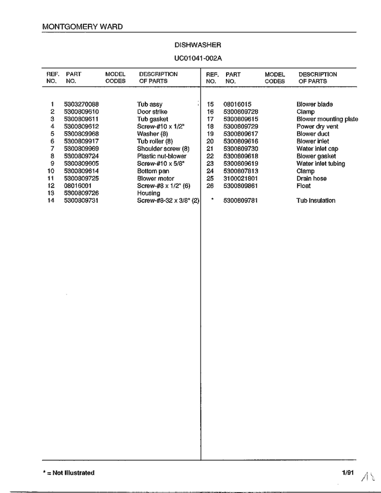 Dishwasher Page 6 Diagram and Parts List for 1041-002A  Frigidaire Dishwasher