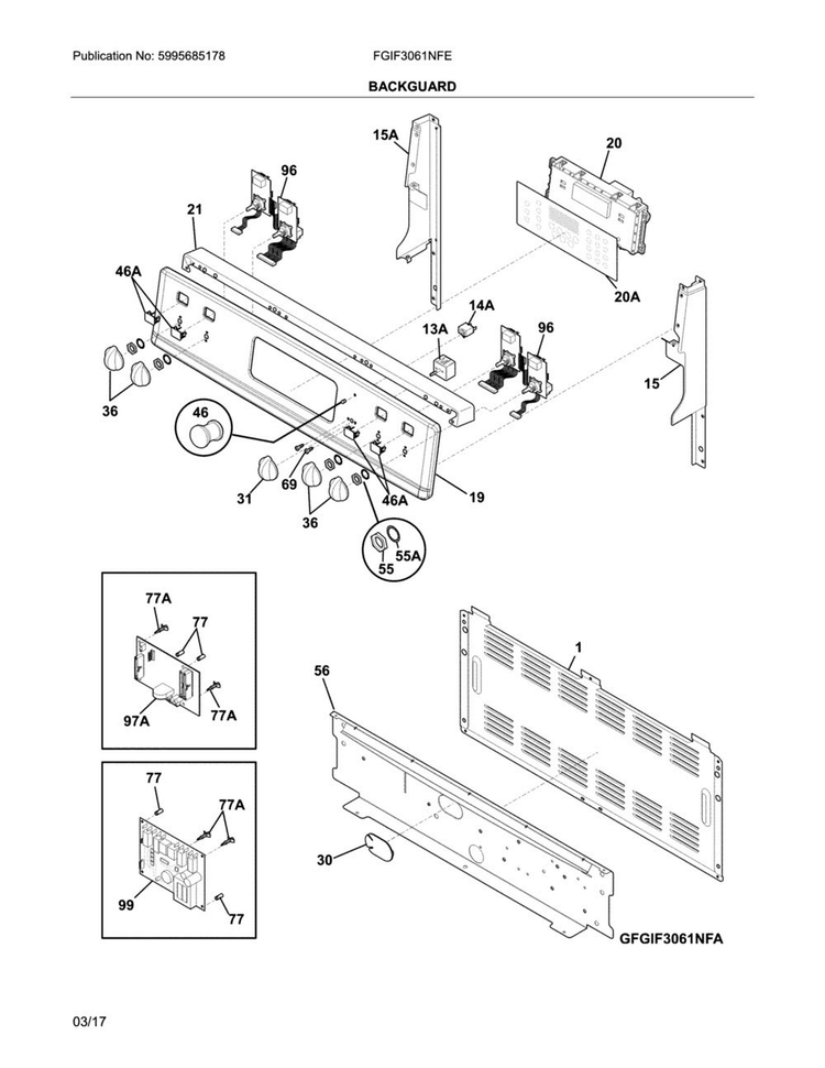 Backguard Diagram and Parts List for FGIF3061NFE  Frigidaire Range