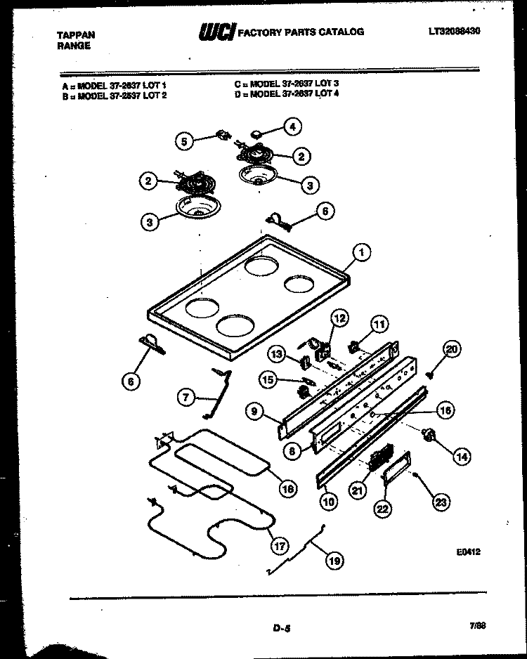 COOKTOP, BROILER AND BACKGUARD Diagram and Parts List for 37-2637-00-03  Tappan Range