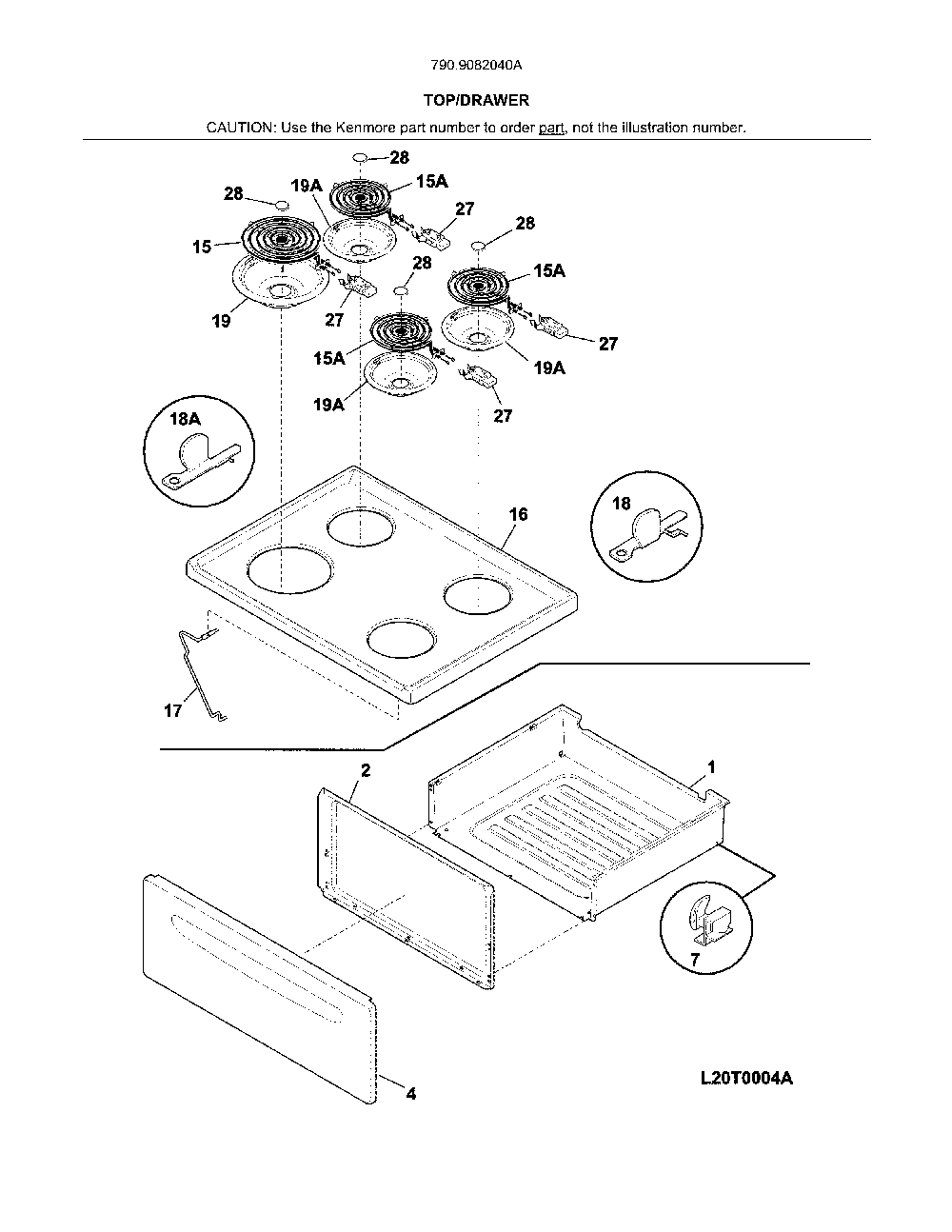 Top/drawer Diagram and Parts List for 7909082040A  Kenmore Range