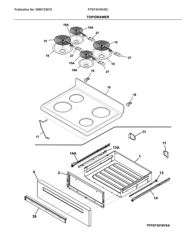 Top/Drawer Diagram and Parts List for FFEF3016VSC  Frigidaire Range