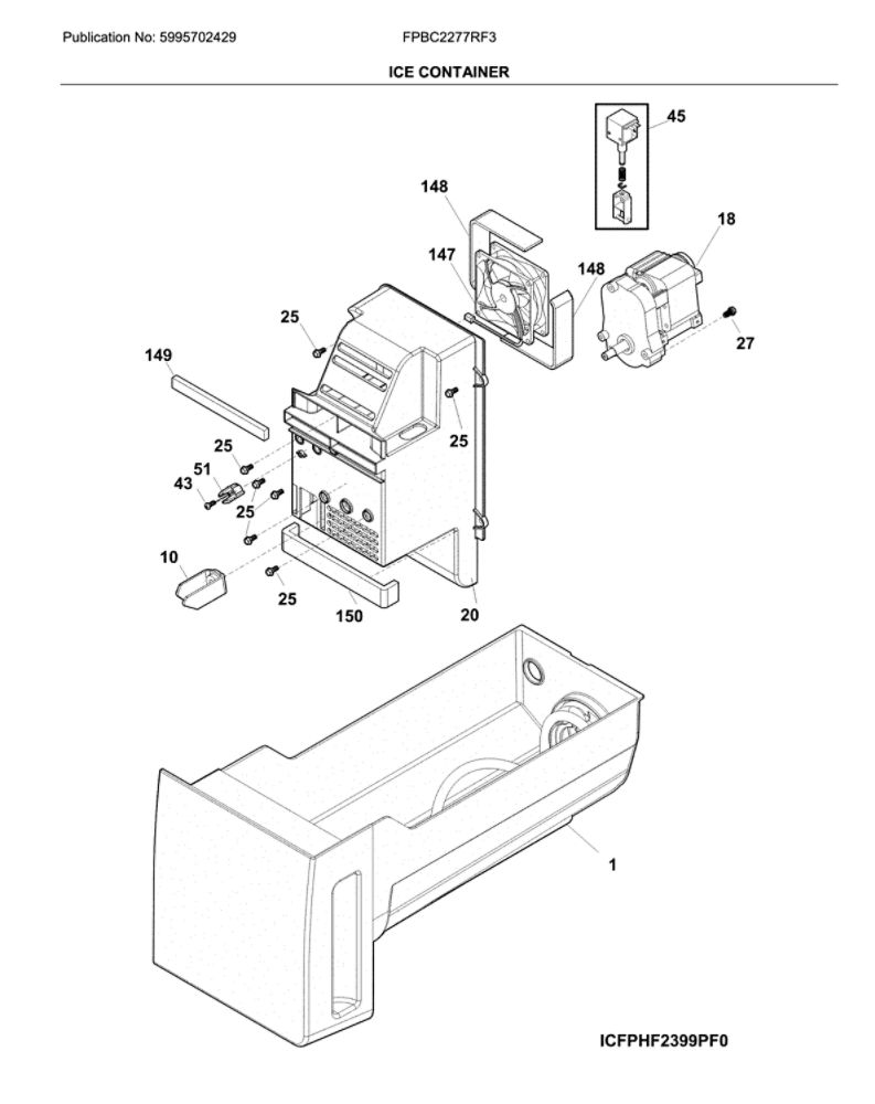 Ice Container Diagram and Parts List for FPBG2277RF3  Frigidaire Refrigerator