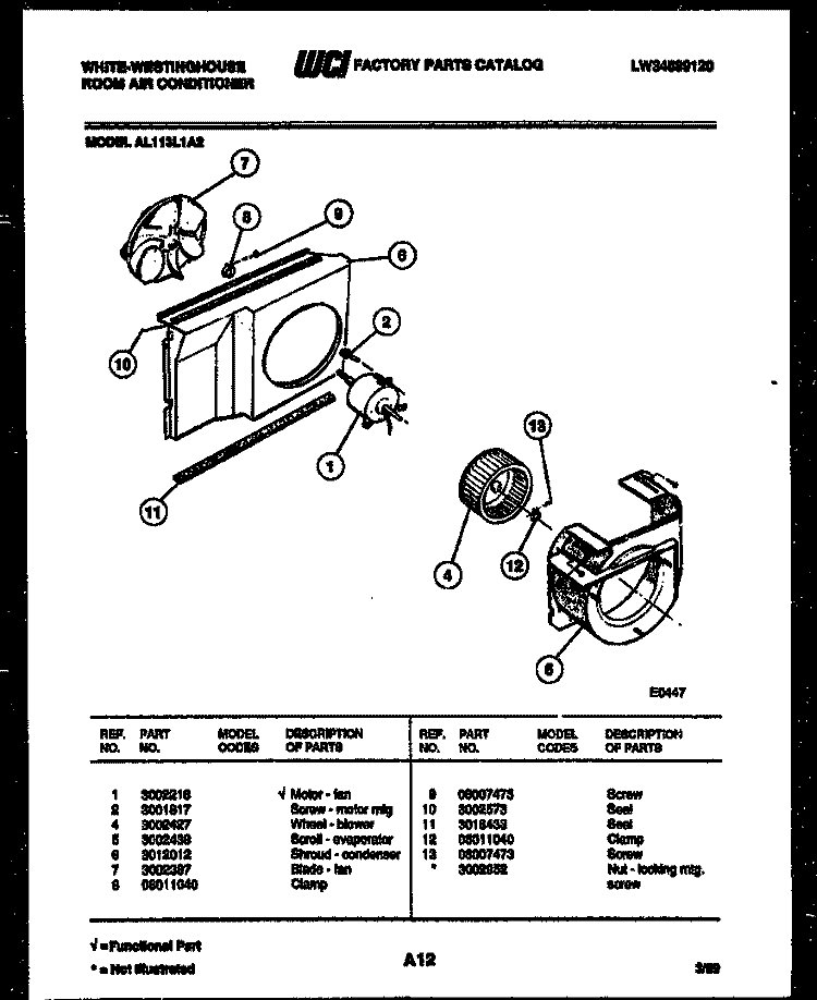AIR HANDLING PARTS Diagram and Parts List for AL113L1A2  Frigidaire Air Conditioner