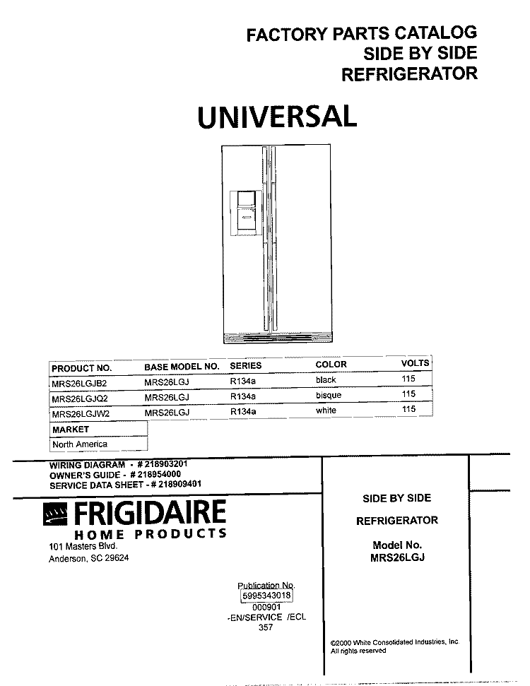 COVER Diagram and Parts List for MRS26LGJQ2  Frigidaire Refrigerator