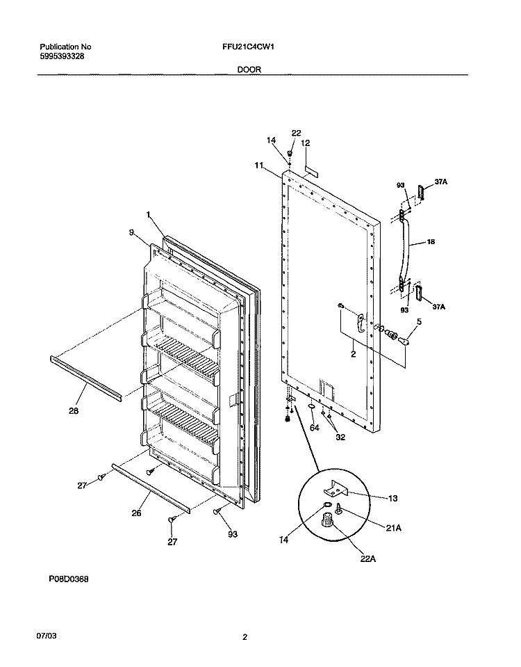 DOOR Diagram and Parts List for FFU21C4CW1  Frigidaire Freezer