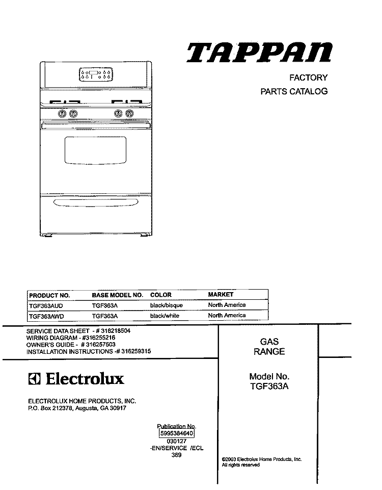 COVER Diagram and Parts List for TGF363AUD  Tappan Range