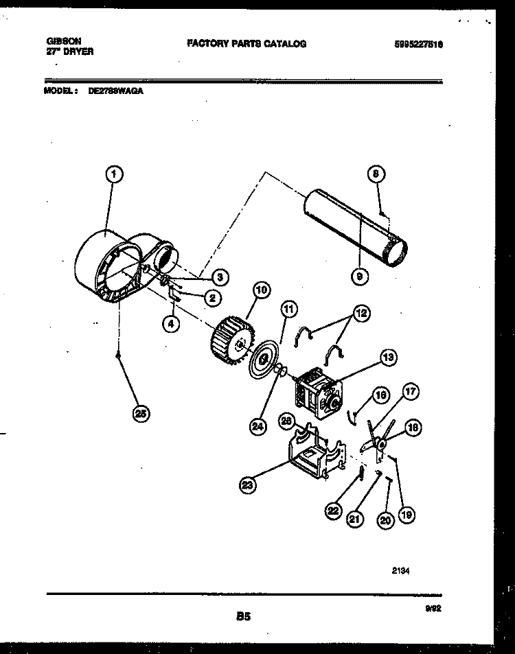 BLOWER AND DRIVE PARTS Diagram and Parts List for DE27S8WAGA  Gibson Dryer