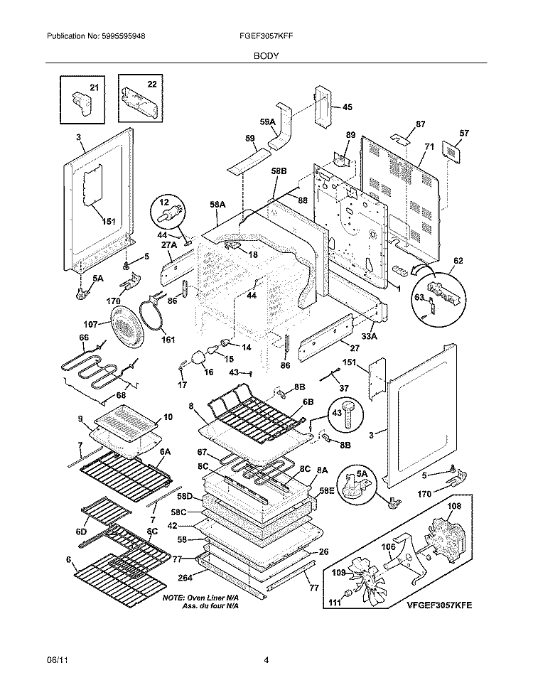 BODY Diagram and Parts List for FGEF3057KFF  Frigidaire Range