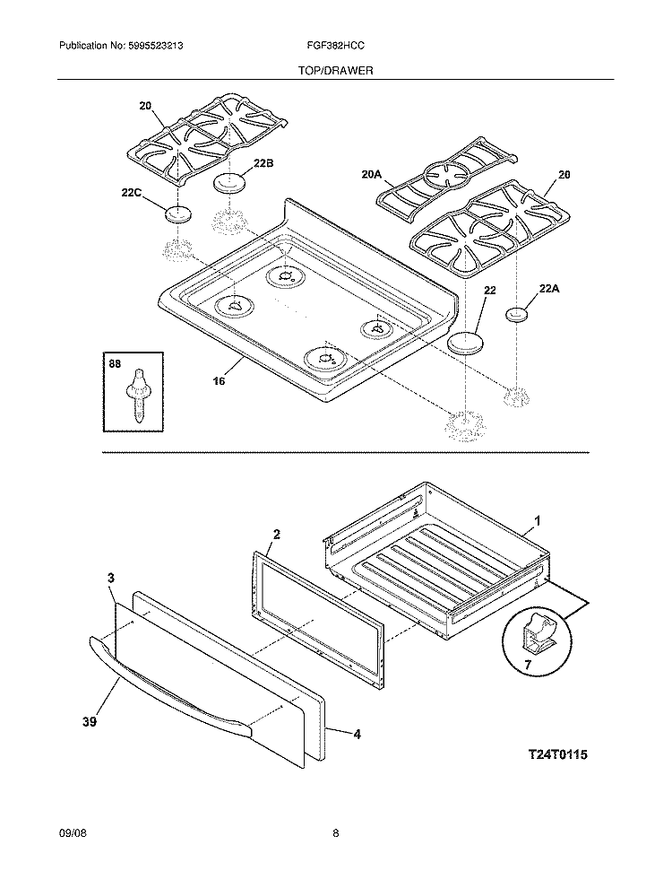TOP/DRAWER Diagram and Parts List for FGF382HCC  Frigidaire Range