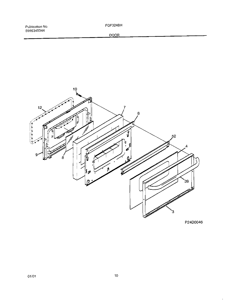 DOOR Diagram and Parts List for FGF324BHWC  Frigidaire Range