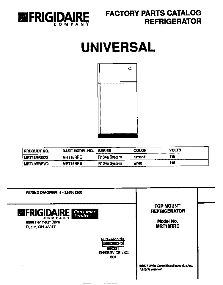 COVER Diagram and Parts List for MRT18RREW0  Frigidaire Refrigerator