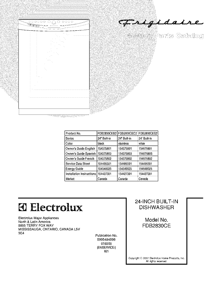COVER Diagram and Parts List for FDB2830CES2  Frigidaire Dishwasher